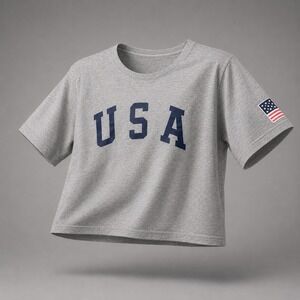 USA Graphic Crop Top Heather Gray Cotton Short Sleeve American Flag Patch Tee
